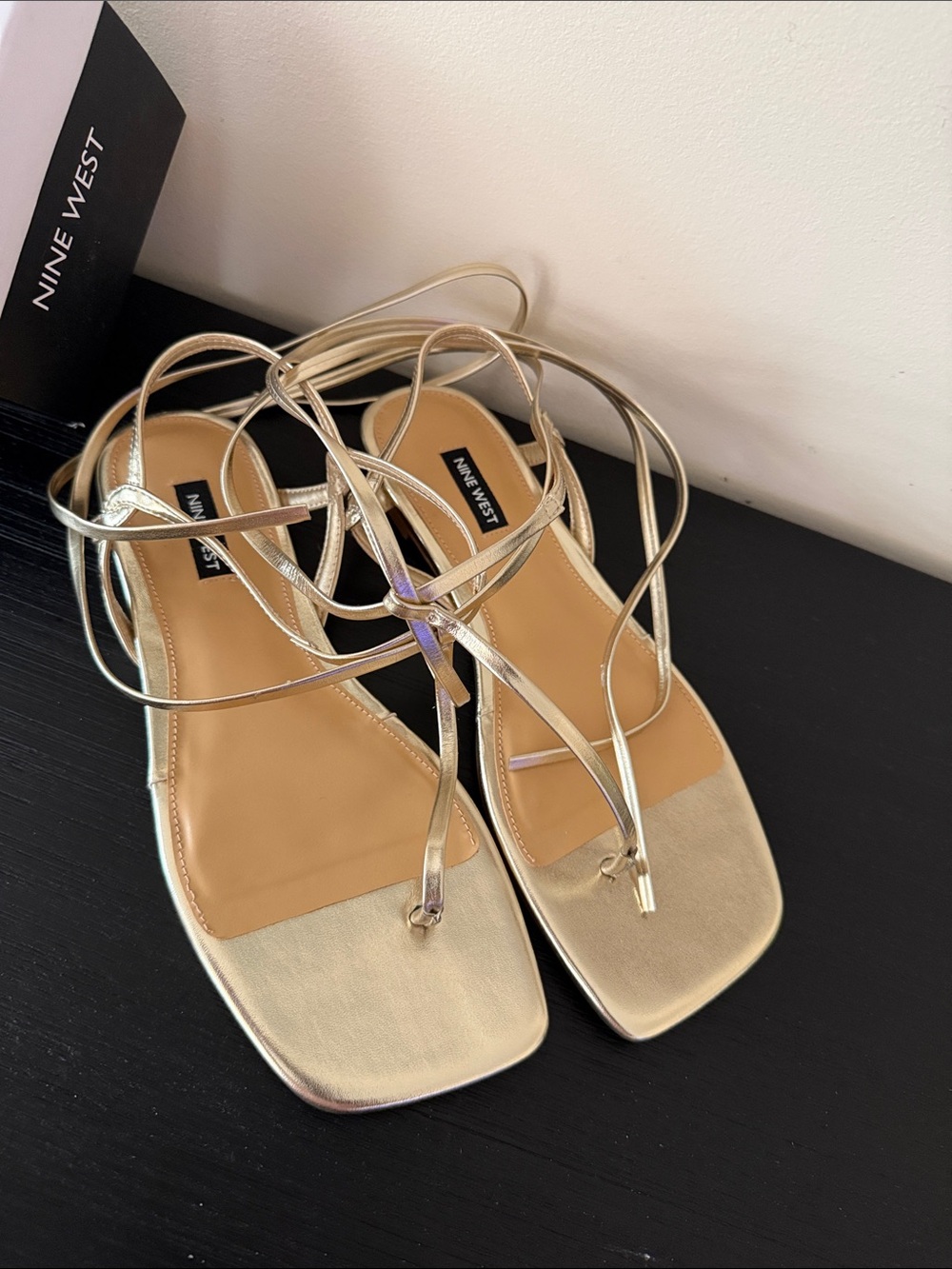 Nine West Metallic Gold Lace-Up Square Toe Sandals